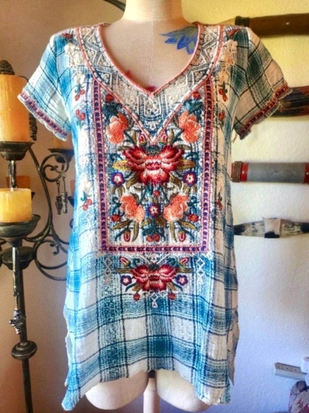 Johnny Was Julienne guaze cotton Plaid Floral Embroidered Blouse metallic xs - Picture 4 of 7